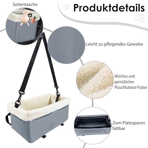 Hunde-Autositz für kleine Hunde und Katzen, Erhöhter Hundesitz für Hunde mit weichem Plüsch, Haustierautositz mit Metallrahmen für Vorder- und Rücksitz bis zu 5.4KG (Grau, Klein)