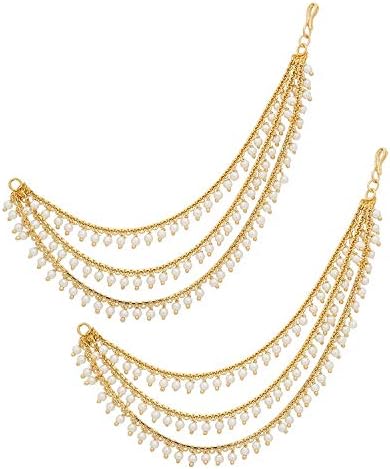 MEENAZ Brass copper Gold kanchain 3 layer long bridal wedding ear kan chain Champaswaralu earchains Ear Chains for Hair Jhumka Jhumki kanoti moti pearl Traditional Earrings for women girls Golden-M020