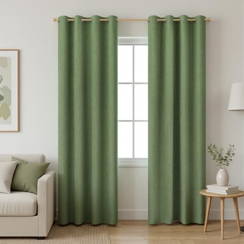 Image of 100% Blackout Linen Textured Curtains for Bedroom Full Light Blocking Room Darkening Bronze Grommet Window Drapes Thermal Insulated Energy Efficient Home Decor 52x84 Olive Green (2 Panels)