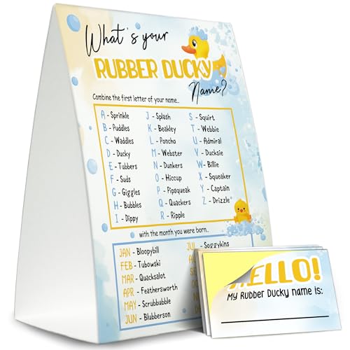 Rubber Ducky Party Decor,5×7 What is Your Rubber Ducky Name Game, Perfect for Birthday Party Activities 1 Standing Sign + 30 Stickers