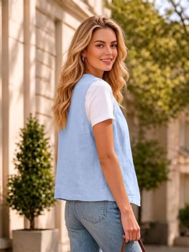Chaleco de lino de algodón para mujer chaqueta ligera sin mangas azul claro 3