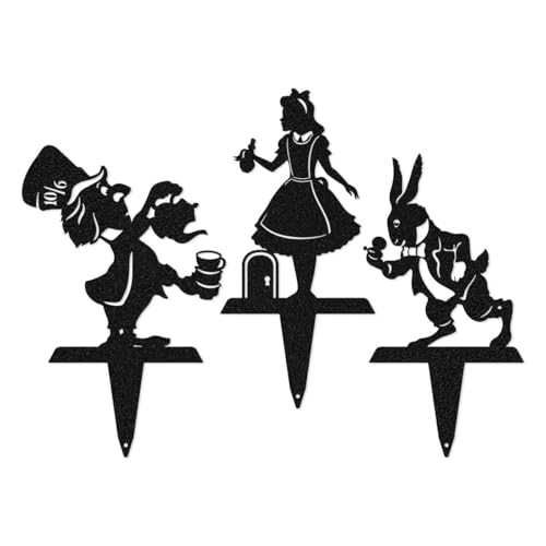Alice in Wonderland Garden Stakes – Set of 3 | RealSteel Original Outdoor Yard Art Featuring Alice, White Rabbit & Mad Hatter | Rust-Resistant, American-Made Metal Décor | Black Finish