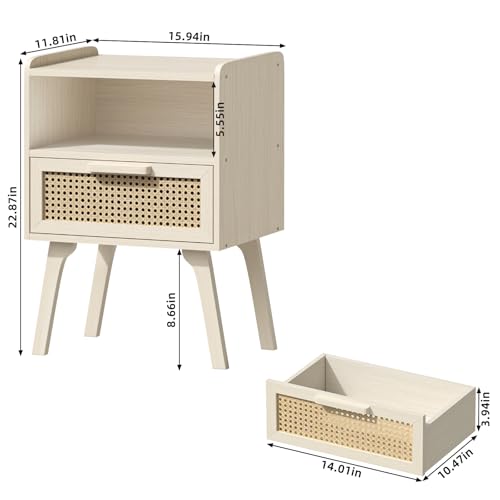 Image of Lerliuo Rattan Nightstands Set of 2, Side Table with Drawer Open Shelf | Cane Accent Bedside End Table, Mid Century Modern Night Stand for Bedroom, Dorm and Small Spaces (Grey White)