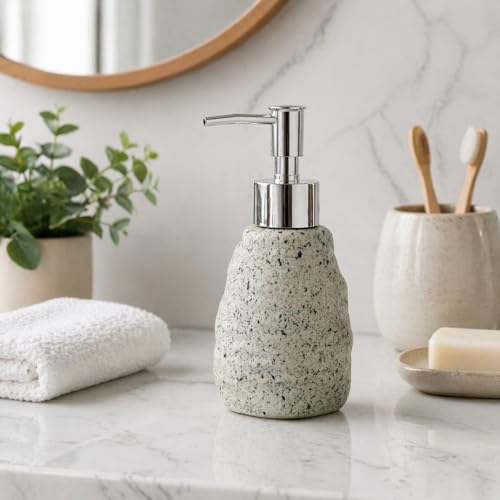 Image of Whizzo Premium Textured Ceramic Soap Dispenser for Bathroom & Kitchen | Refillable Lotion Dispenser with Chrome Pump | Modern Speckled Design | Durable, Stylish & Eco-Friendly (300ML, LD-214, White)