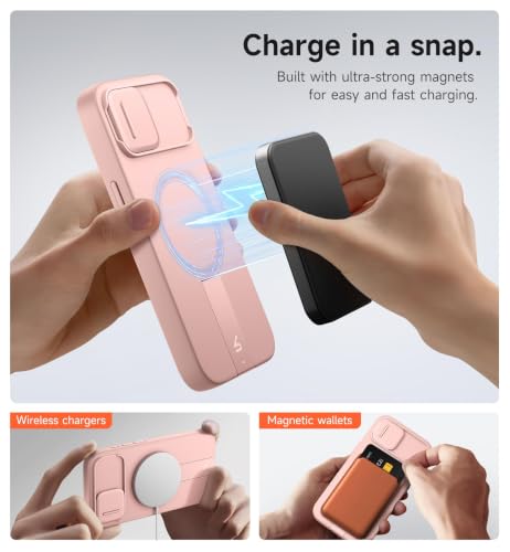 Image of SURITCH for iPhone 17e /16e Case with Magnetic Camera Slide Cover and Adjustable Kickstand, Compatible with MagSafe, Shockproof Bumper Case Slim Protective Cover 6.1 Inch,Pink