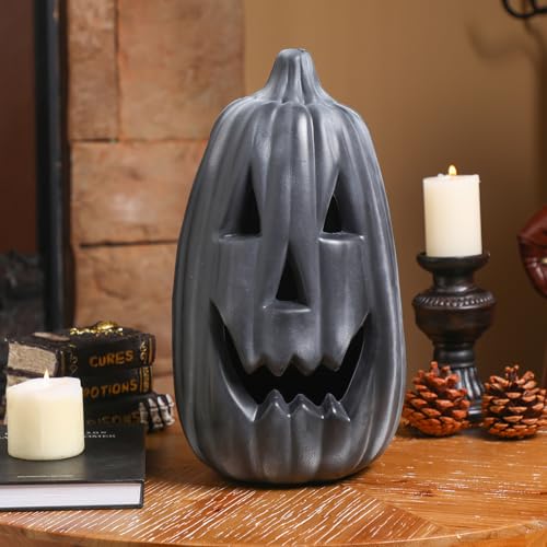 Jingmore 13.4 Inch Black Pumpkin Decoration Large Plastic Jack O' Lantern Reusable Carved Pumpkin Lantern for Thanksgiving Halloween Fall Indoor Outdoor Decor Party Centerpiece