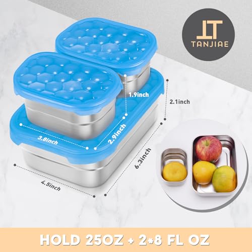 Image of Tanjiae Stainless Steel Lunch Snack Containers Set | Leak Proof 304 Stainless Steel Food Containers with Silicone Lids - Perfect Metal Lunch Box for School and Daycare (Blue Lunch, Medium)