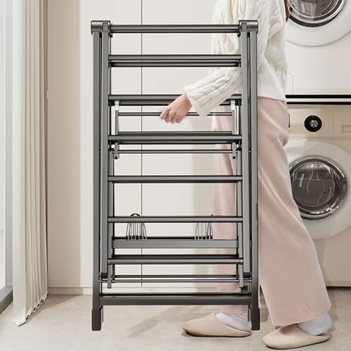 Free-Standing Laundry Drying Rack, 2-Tier Foldable Clothes Drying Rack with Height-Adjustable Gullwings, Aluminum Laundry Rack Folding Airer for Clothes Towels Linens