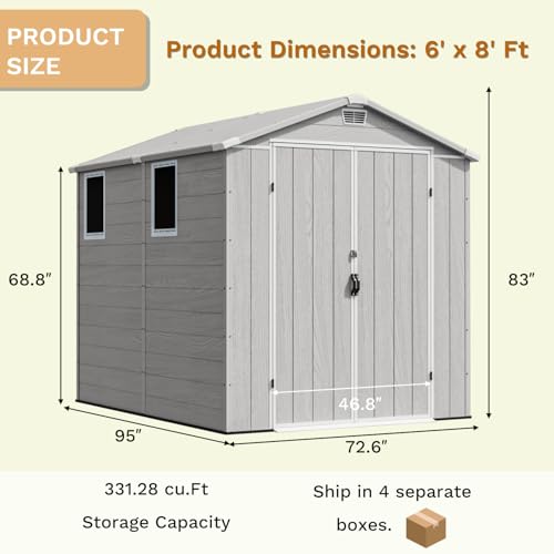 Image of Devoko 6x8 FT Resin Storage Shed with Floor, Outdoor Plastic Garden Shed with Window, Waterproof Tool Storage Shed with Lockable Door for Backyard, Patio, Lawn, Light Gray
