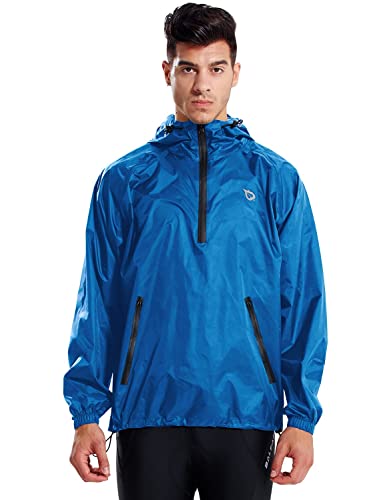 Baleaf Men's Light Running Hiking Rain Jacket Waterproof With Hood Windbreaker Pullover Coats Hoodie Packable Blue Size L #TOP2