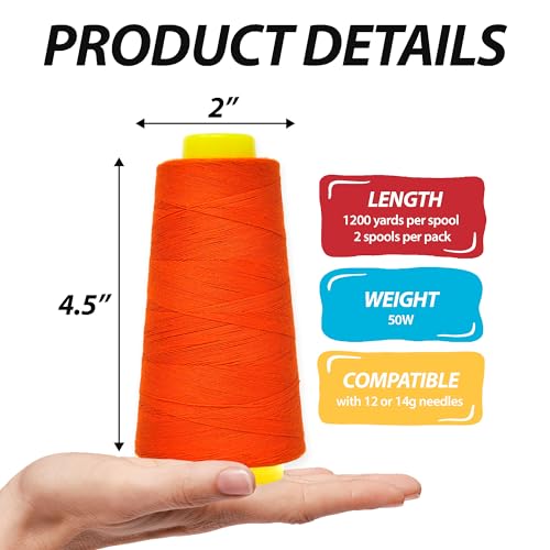 Image of Mandala Crafts Orange Mercerized Cotton Thread Cones for Sewing Quilting | 2400 Yds 50 WT, 100% Long Staple Cotton, Multipurpose, for Embroidery, Piecing, Sergers, Applique, Machine and Hand Sewing