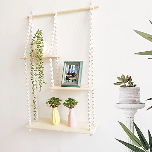 Macrame Wall Hanging Shelf With Three Wooden Shelves Boho Hanging Plant Shelf Boho Wall Decor Hand Woven Natural Rope Floating Shelf For Window Bedroom Bathroom Decorations (Style B) #TOP6