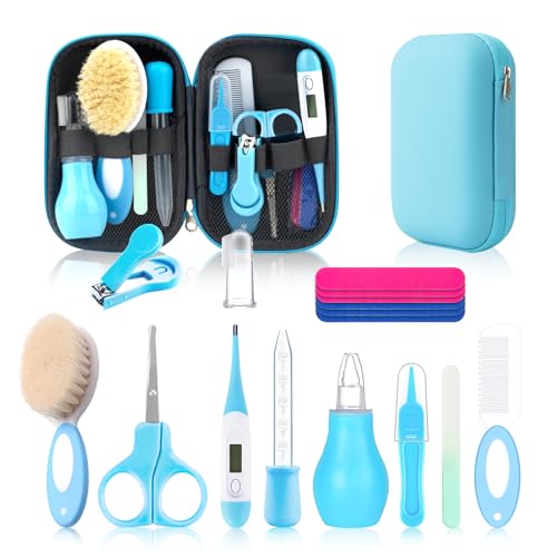Image of Baby Healthcare and Grooming Kit, Baby Safety Set Newborn Nursery Health Care Set with Hair Brush Scale Measuring Spoon Nail Clippers (17PCS Blue)