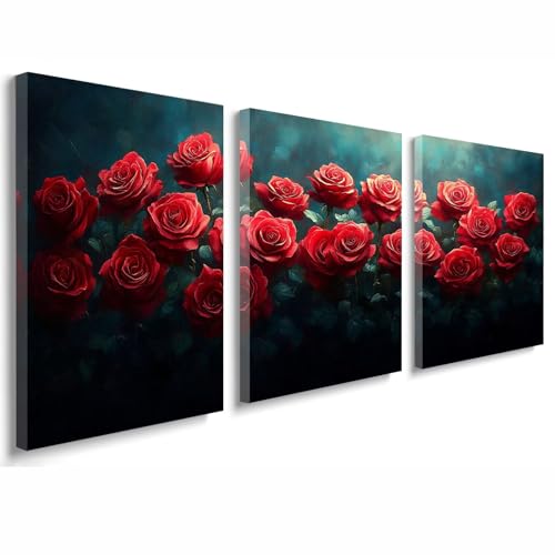 Cuadros Decoracion Salon Modernos, 3 Pcs Marco de Madera Cuadros Retro Posters para Pared Lienzo Pintura Rosas Wall Art Imagen Decoracion Dormitorios Cocina Baño Oficina Pasillo Pared 50x70 cm 1f-659