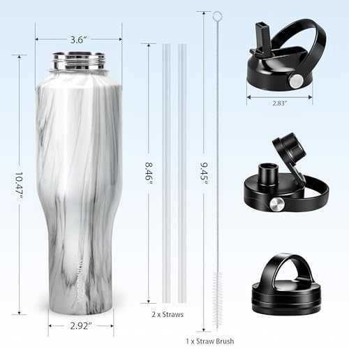 Image of HYDROWION 40 oz Insulated Water Bottle with Straw fit in Car Cup Holder(Cold 48 hrs, Hot 24 hrs) Drinking Bottle with Straw Lid, Spout Lid and Flex Cap Leakproof Travel Thermo Mug,Marbling