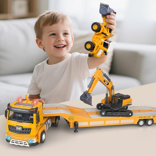 Yalujumb Toddler Boys Toys for 3-5 Years Old, Construction Toy Set w/Semi Truck, Excavator, Bulldozer, Alloy Engineering Construction Vehicles Truck Toys for Boys Age 4-7