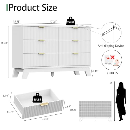 Image of Fluted Dresser for Bedroom with 6 Drawers, 48 inch Wide Modern Chest of Drawers with Metal Handle, Wooden Dresser TV Stand, Wood Closet Clothes Storage Drawer Organizer for Living Room, Hallway, White