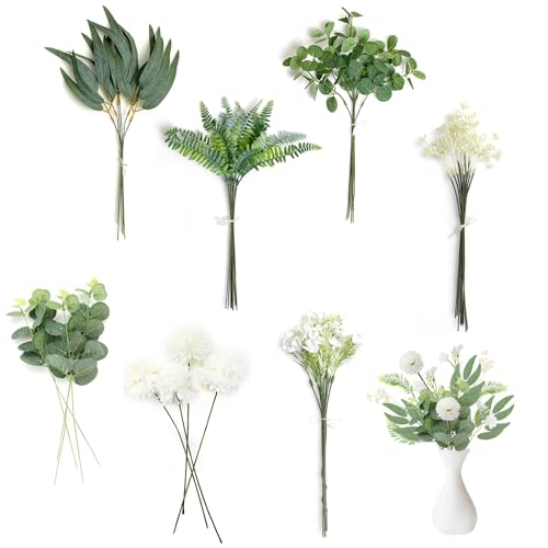 BRISKORE 59 ramas y flores artificiales, decoración de flores falsas, flores artificiales blancas, hojas verdes, ramas de eucalipto artificiales, hortensias de eucalipto, ramo de flores artificiales