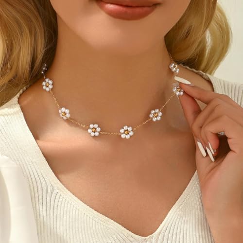 Image of SANNIDHI Pearl Necklace for Women Girls Flower Pendant Necklace with Gift Box Gold Plated Stainless Steel Chain Necklace Jewellery Valentine Birthday Gifts for Women, Girls, Sister, Girlfriend