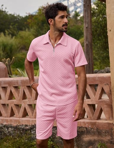 Image of URRU Mens Textured Polo Shirt and Shorts Sets Outfits 2 Piece Summer Tracksuits Casual Quarter Zip Golf Polo Shirts