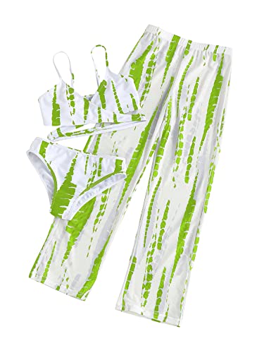 WDIRARA Girl's 3 Pieces Print Wrap Crisscross Bikini Swimsuit with Cover Up Pants