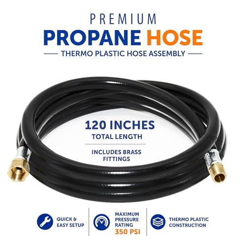 Image of Flame King 120-inch Propane Thermo Plastic Hose Assembly, 3 /8-inch ID, 3 /8-inch MPT X 1 /2-inch Female Flare, for RVs and Travel Trailers