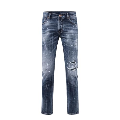 Men's Casual Jeans Mid Waist Slim Fit Monkey Wash Whiskers Ripped Stretchable Denim Pants