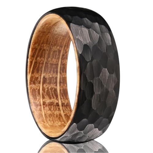 Tungsten Carbide Rings for Men Women 8mm Men's Engagement Wedding Bands Black Hammered Whiskey Barrel Wood Matte Brushed