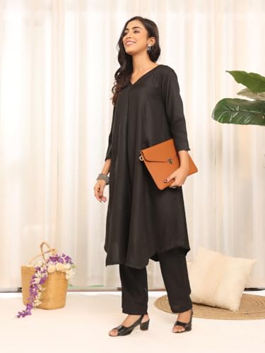 Image of Varanga Women's Violet Strap Kurta with Tonal Bottom & Printed Dupatta - Round Neck, Side Slit Design, Stylish & Comfortable