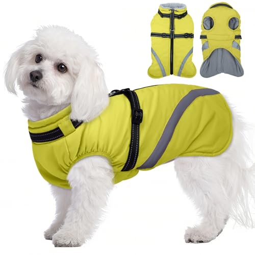 Image of BRKURLEG Dog Winter Jackets for Small Dogs, Dog Coat with Harness Built in, Dogs Snowsuits with Zipper, Waterproof Windproof Pet Puffer Jacket Fleece Vest for Chihuahua, Yorkie, Green XS
