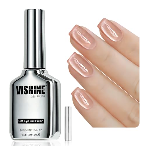 Vishine 16 ml Smalto Gel Occhio di Gatto Effetto Vetro Ghiacciato Cat Eye Gel Polish Glitter olografici Scintillanti Traslucido Soak off Magnetico per Nail Art, Sparkling Nude MY399