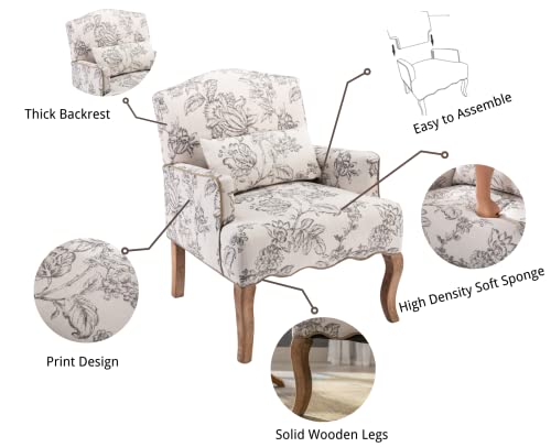 Cimota Floral Armchair Upholstered Single Sofa Chair Mid Century Modern Accent Chair Linen Arm Chair With Wood Legs/Pillow/Comfy Reading Chair For Living Room/Bedroom Fireplace, Beige, 1Pc #TOP2