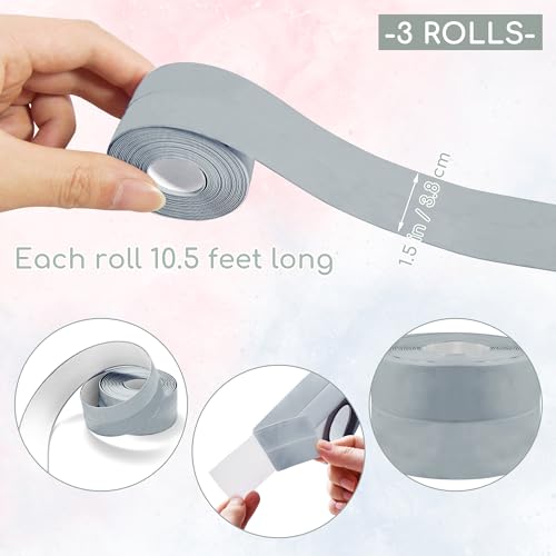 Image of 3 Rolls 10.5 Feet Caulk Tape Toilet Caulking Strip Self Adhesive Bathroom Sealing Peel and Stick Caulk Strip for Bathtub, 1.5 Inches (Grey)