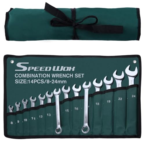 SPEEDWOX 14-Piece Essential Metric Combination Wrench Set Metric 8mm to 24mm 12 Point Combination Wrench Sets in Roll-up Pouch for General Household Garage Chrome Vanadium Steel Mirror Chrome Finish