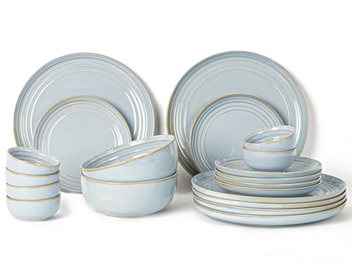 Image of Bodhi House Handcrafted Chip Resistance Porcelain Dinner Set, 20 Pieces Dish Set Serving for 6, Microwave and Dishwasher Safe, Bone-ash Free, Crockery Set for Dining and Gifting, Arctic Blue