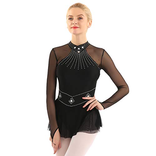 inhzoy Vestido de Danza Ballet Lentejuelas para Mujer Manga Larga Maillot de Patinaje Artístico con Falda Malla Leotardo de Gimnasia Rítmica Traje Bailarina Negro Medium