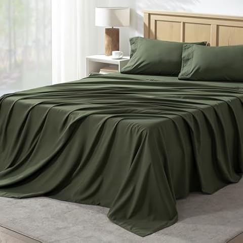 Andency Queen Sheet Set 4 Pieces, Dark Olive Green Super Soft Sheets for Queen Size Bed, Microfiber Queen Sheet, Deep Pocket Up to 16", Hotel Luxury Breathable & Cooling Bed Sheet Set Cover