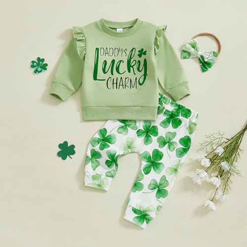 Karuedoo Toddler Baby Girl St Patricks Day Outfit Letter Print Ruffle Long Sleeve Sweatshirt Clover Pants Headband 3Pcs Set2