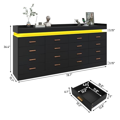 Image of jiteentarou 16 Drawer Dresser with Charging Station and LED Lights, Modern Chest of Drawers with Power Outlet, Organizer Cabinet for Bedroom, Living Room, Entryway, Black