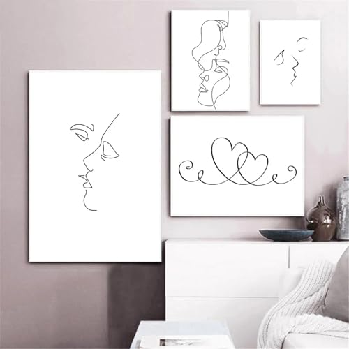 Affiches art mural noir et blanc couple baiser toile abstraite 55x70cm
