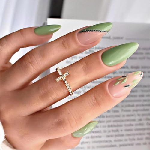 Image of Green Press on Nails Medium Almond Fake Nails with Design Green Leaf Glue on Nails Cute False Nail Glossy Nail Tips Full Cover Acrylic Stick on Nail for Women Girls Manicure 24PCS