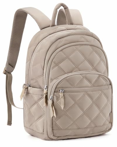 BAGSMART Travel Laptop Backpack, College Backpack for Women, Quilted Small Computer Bookbag, Water-Resistant 15.6 Inch Laptop Casual Bag, Beige