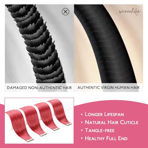 Image of WENNALIFE Tape in Hair Extensions Human Hair Coral Red Tape in Extensions, 10pcs 25g 16 inch Remy Invisible Tape Ins Straight Colored Soft Real Human Hair Tape in Extensions Refill Set Extensions