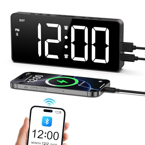 OQIMAX Wecker Digital, Bluetooth Automatische Kalibrierungszeit LED Digitaler Wecker, 2 Alarmen, Helligkeit und Ton Einstellbar, Digitaler Uhr mit Snooze, 12/24H, DST, USB/Batterie Angetrieben