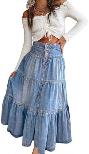 utcoco Women's High Waist Long Denim Skirt Button-Fly Tiered Ruff...