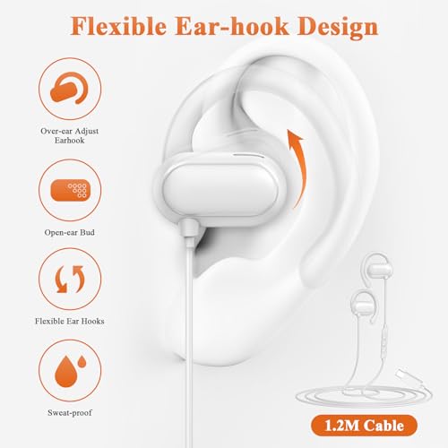 Image of ACANDYA USB C Earbuds Wired Over Ear Headphone Open Ear Sport Headset White | Type USB C Headphones Earphones with Mic Volume Control Rotatable Earhook for iPhone 17 16 Pro 15 for Google Pixel 11 Pro 8 7