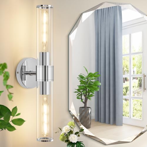 Image of Hardwired Chrome Bathroom Vanity Light Clear Glass Wall Sconce | Up & Down Bidirectional Lighting, Damp Rated For Bathrooms, Dimmable, Rustproof Metal, 3-Year Manufacturer Warranty