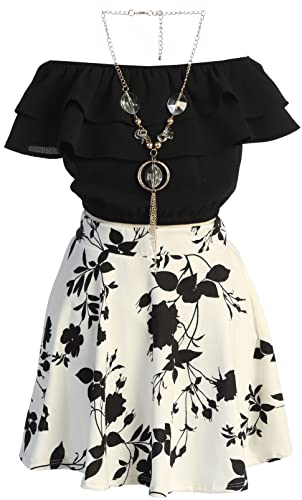 Image of Cold Shoulder Crop Top Ruffle Layered Top Flower Girl Skirt Sets for Girl