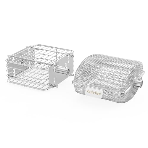 onlyfire 2-Piece Combination Stainless Steel Rotisserie Spit Grill Basket Cage, Fits most Charcoal and Gas grills, Rectangular+Round