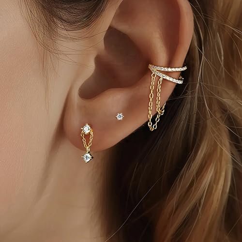 SUYACS 1Pc 14K Gold Plated Cubic Zirconia Chain Earrings Set for Women Dainty 3 Piercing Stackable Ear Cruff Dangle Earring Hypoallergenic Cartilage Earring Jewelry Birthday Gifts for Her3